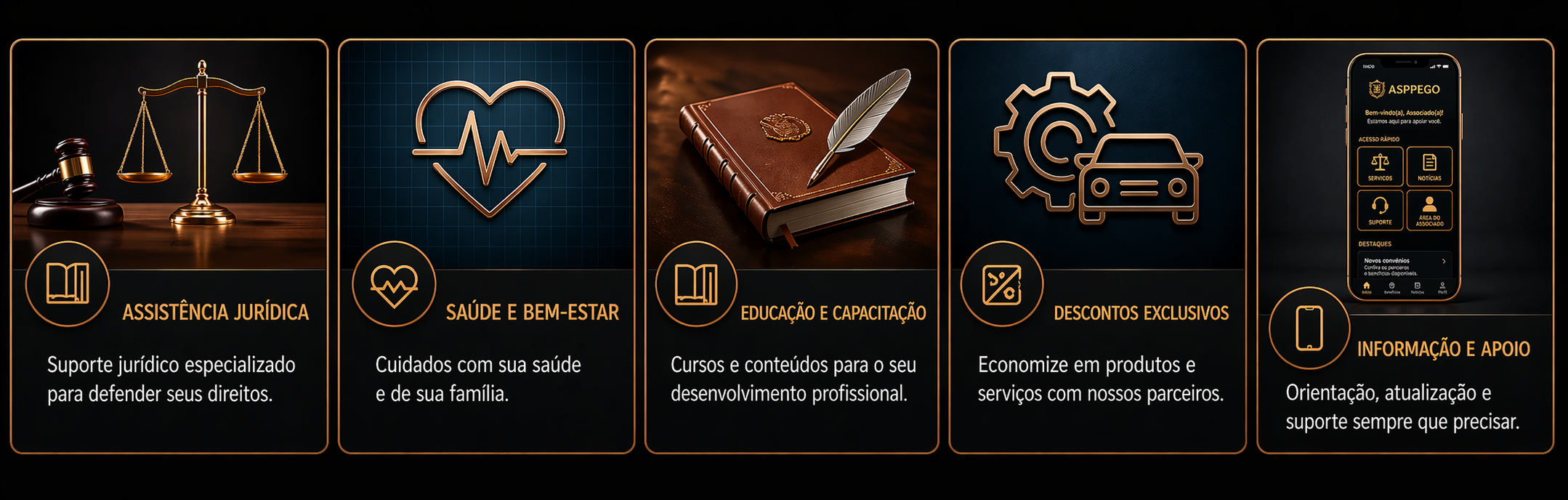 Serviços ao associado: assistência jurídica, saúde e bem-estar, educação e capacitação, descontos exclusivos, informação e apoio